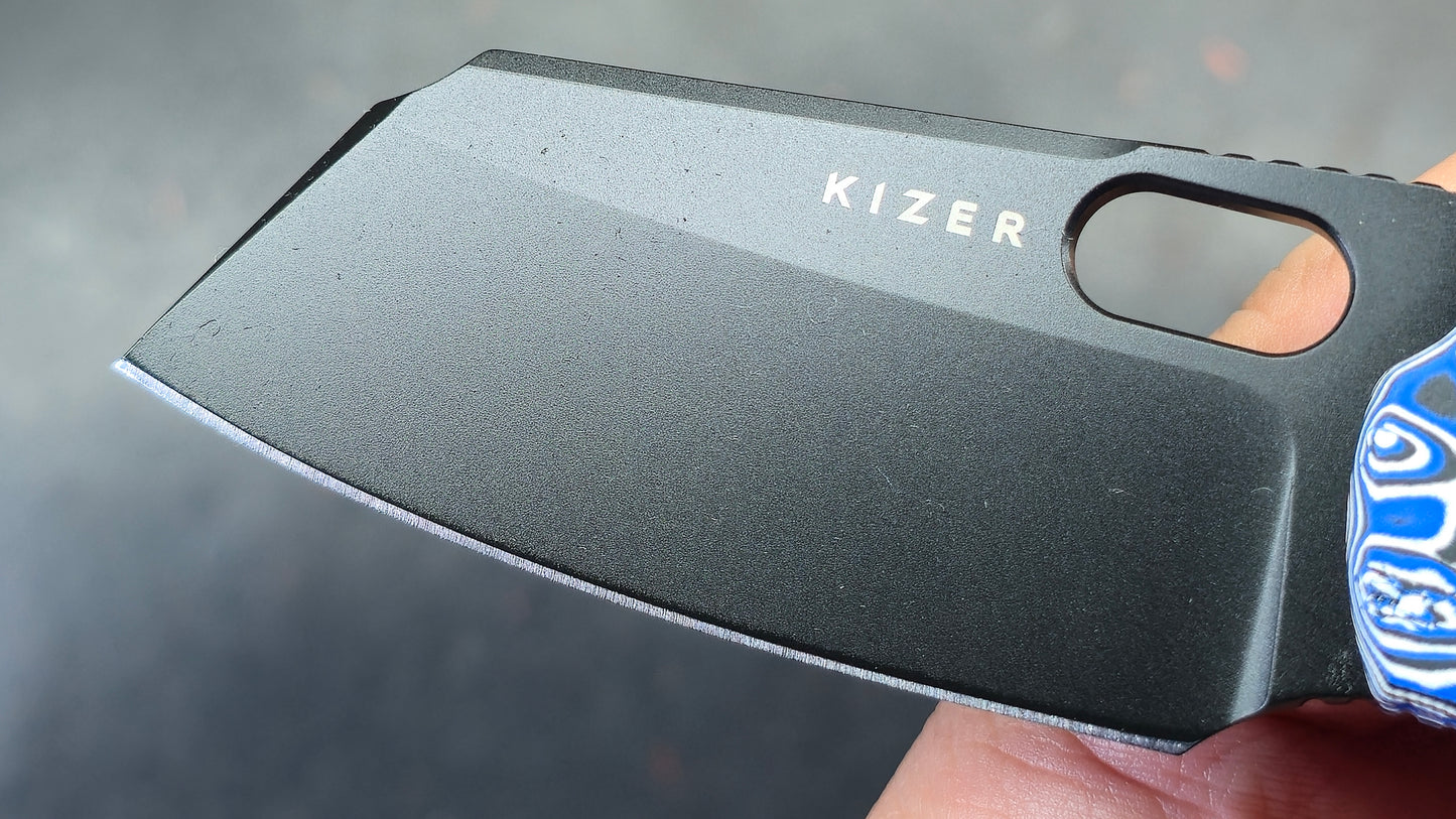 Kizer C01C Button Liner Lock Blue Vortex Micarta Nitro-V PVD