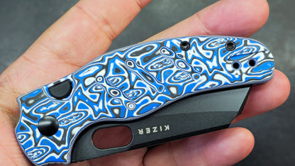 Kizer C01C Button Liner Lock Blue Vortex Micarta Nitro-V PVD