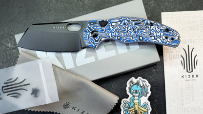 Kizer C01C Button Liner Lock Blue Vortex Micarta Nitro-V PVD