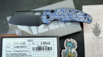 Kizer C01C Button Liner Lock Blue Vortex Micarta Nitro-V PVD