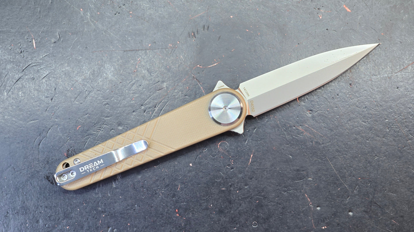 DREAMTECH Knives D4052 Blue/Tan G10 Handle 14C28N Blade