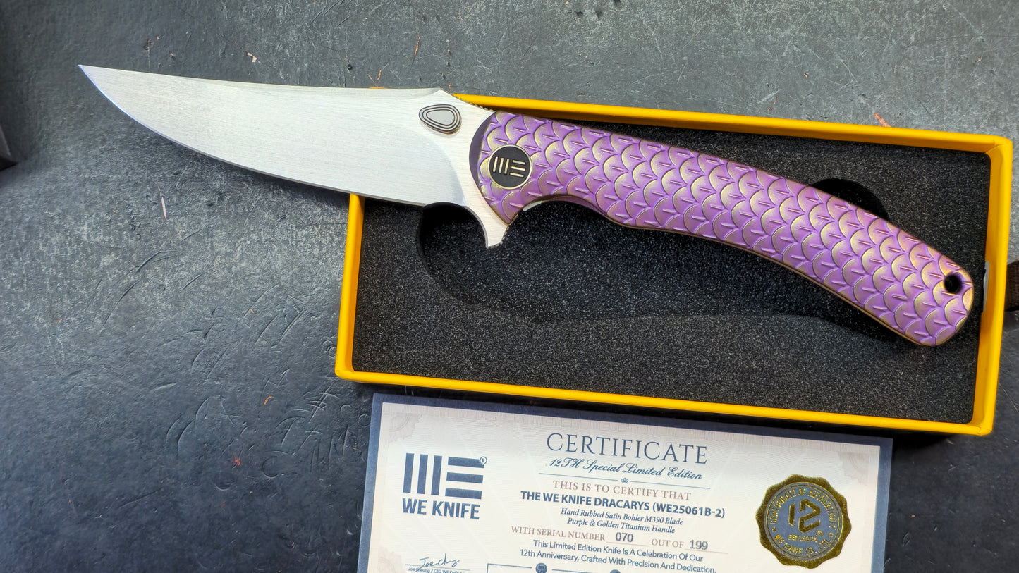 WEKNIFE Dracarys Purple & Golden/Gray/Black Titanium Handle M390 Limited Edition (DISCOUNT IN CART)