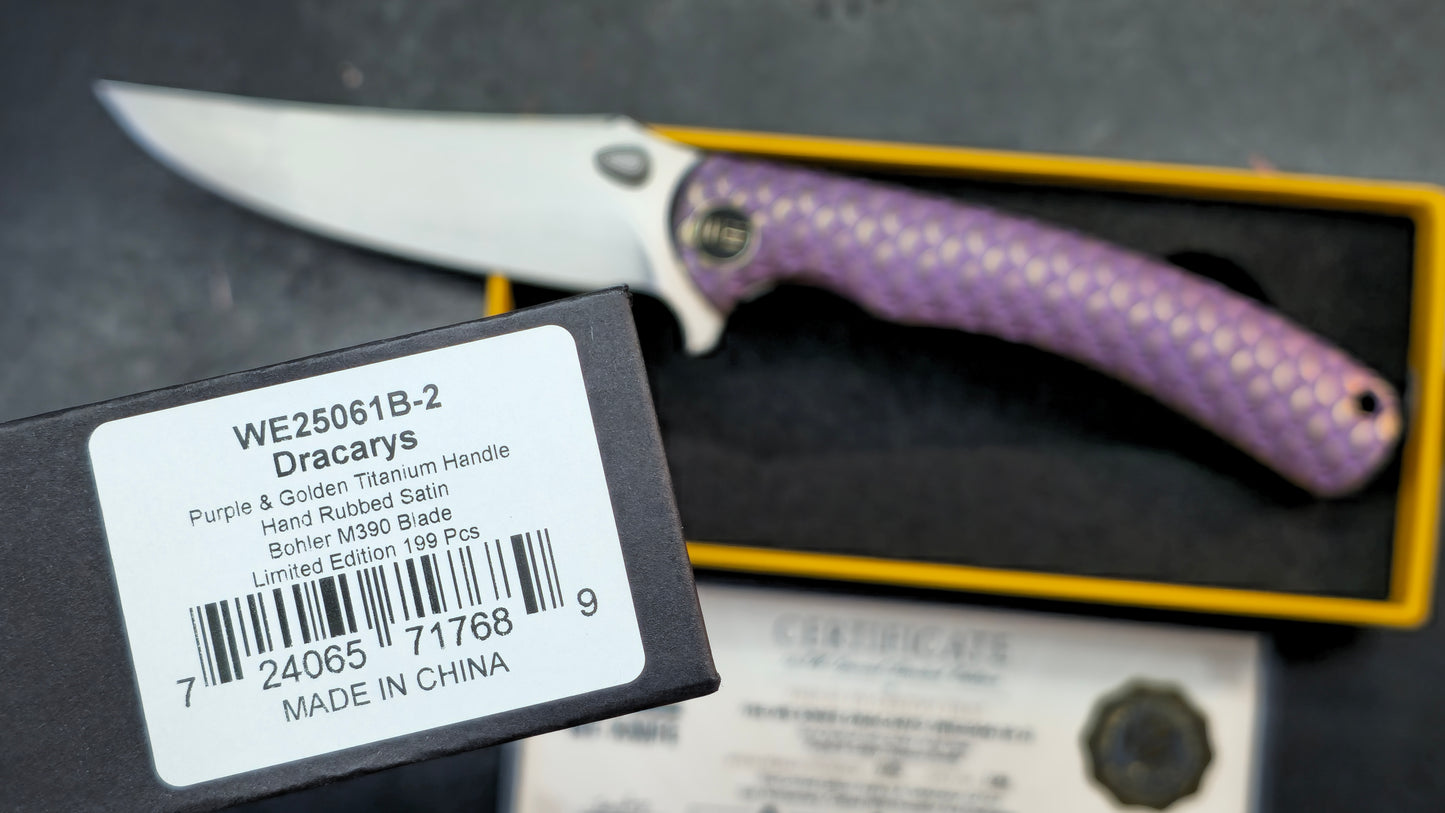 WEKNIFE Dracarys Purple & Golden/Gray/Black Titanium Handle M390 Limited Edition (DISCOUNT IN CART)