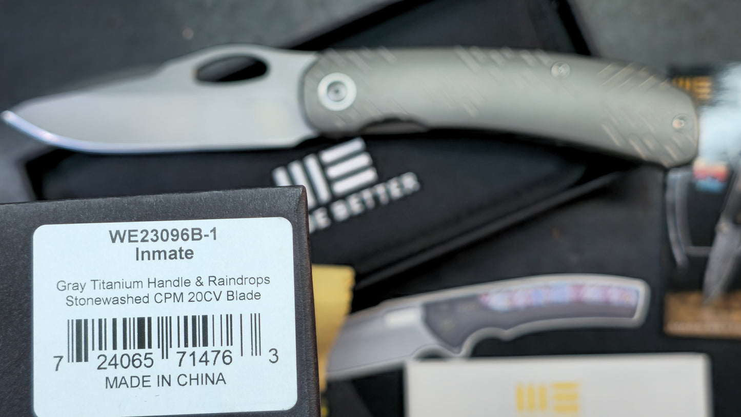 WEKNIFE Inmate Gray/Blue Raindrop Titanium Handle 20CV (DISCOUNT IN CART)
