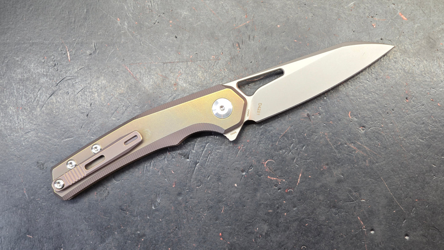 DREAMTECH D4281 Button Liner Lock Gray/Bronze Titanium M390 Blade (DISCOUNT IN CART)
