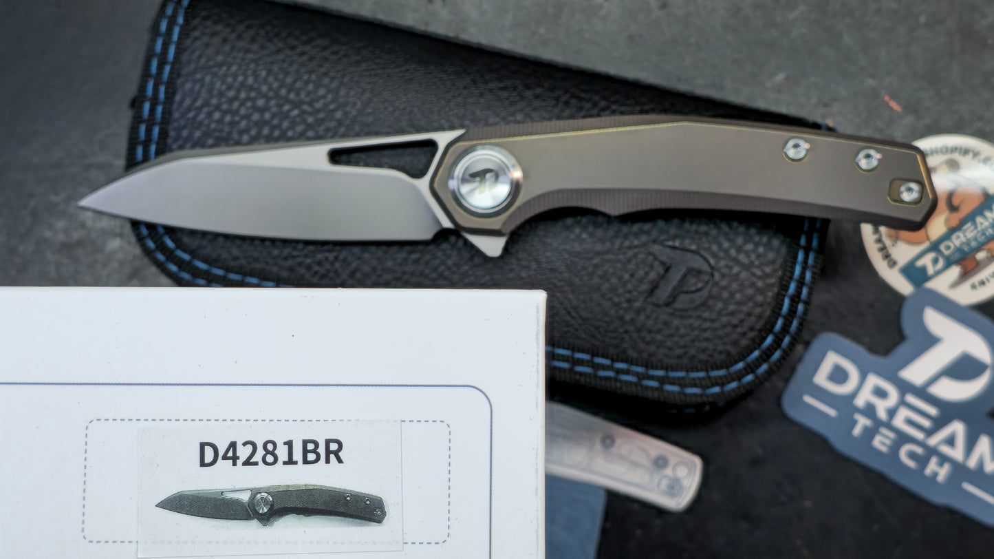 DREAMTECH D4281 Button Liner Lock Gray/Bronze Titanium M390 Blade (DISCOUNT IN CART)