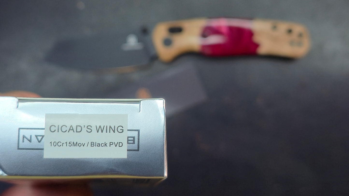 Bestechman Cicada's Wing Red Natural Stabilized Wood 10cr15MoV Black PVD