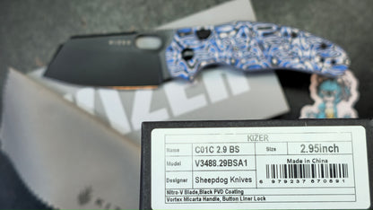 Kizer C01C 2.9 BS (BUTTON LINER LOCK) Blue Vortex Micarta Nitro-V