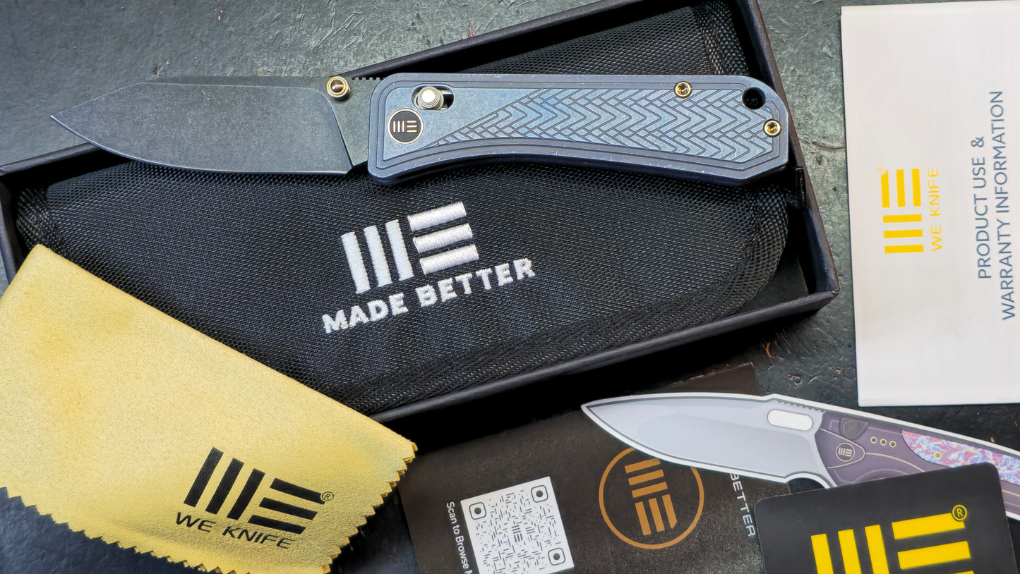 WE Bougie Banter Art Deco Blue Titanium Handle S45VN Black Blade
