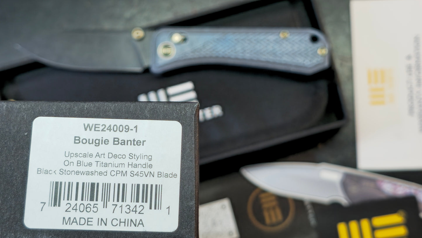 WE Bougie Banter Art Deco Blue Titanium Handle S45VN Black Blade