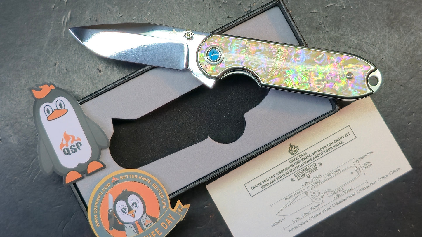 QSP Nebula Mother of Pearl Handle 14C28N mirror polished blade