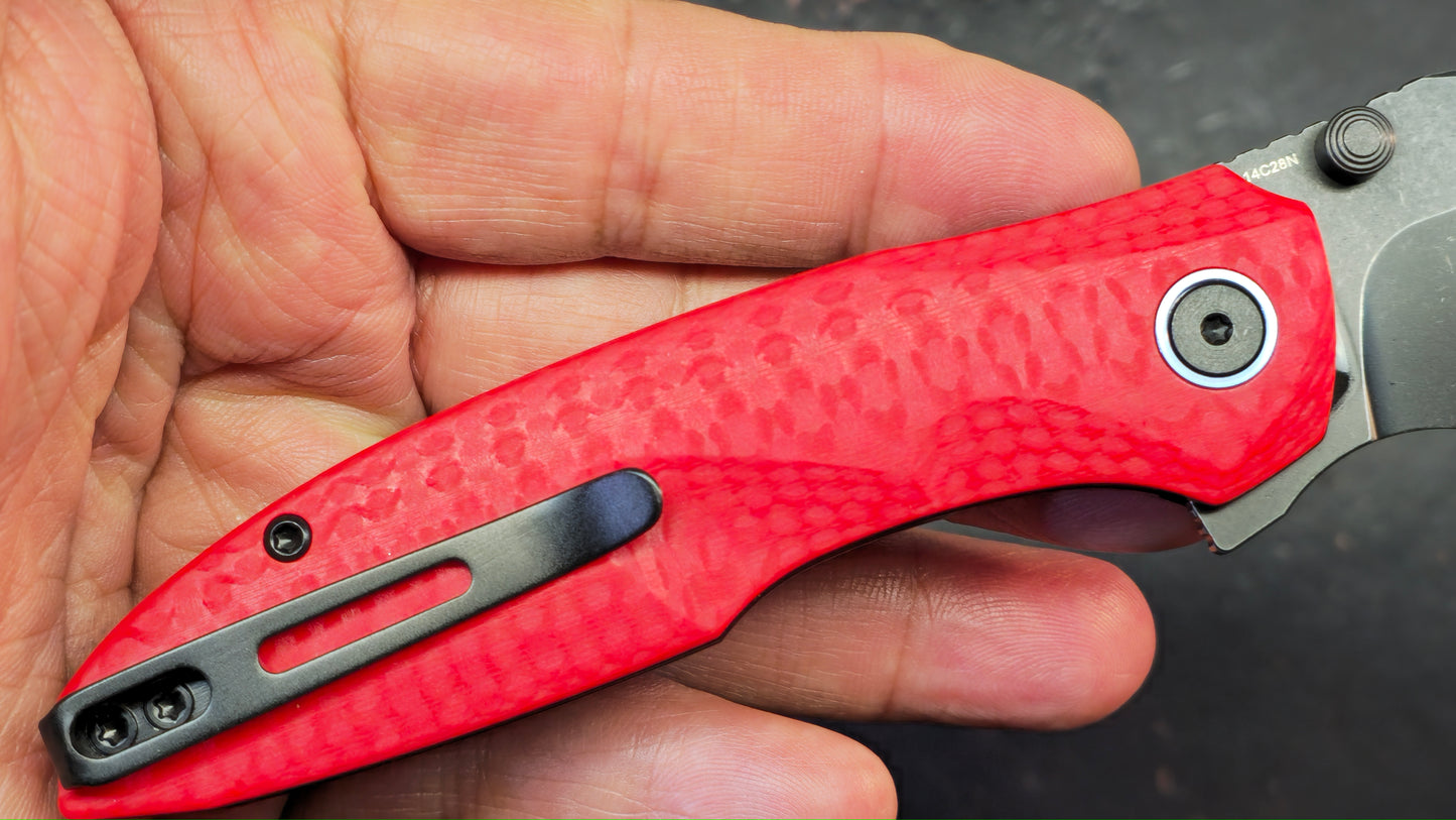 Remette Cool Whale Red G10 Handle 14C28N Black or Satin Blade