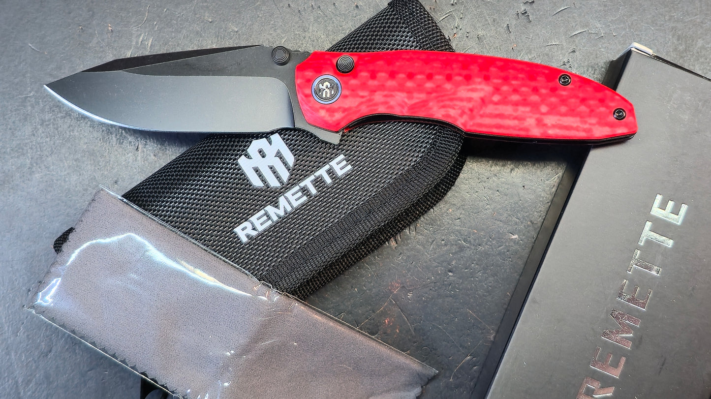 Remette Cool Whale Red G10 Handle 14C28N Black or Satin Blade