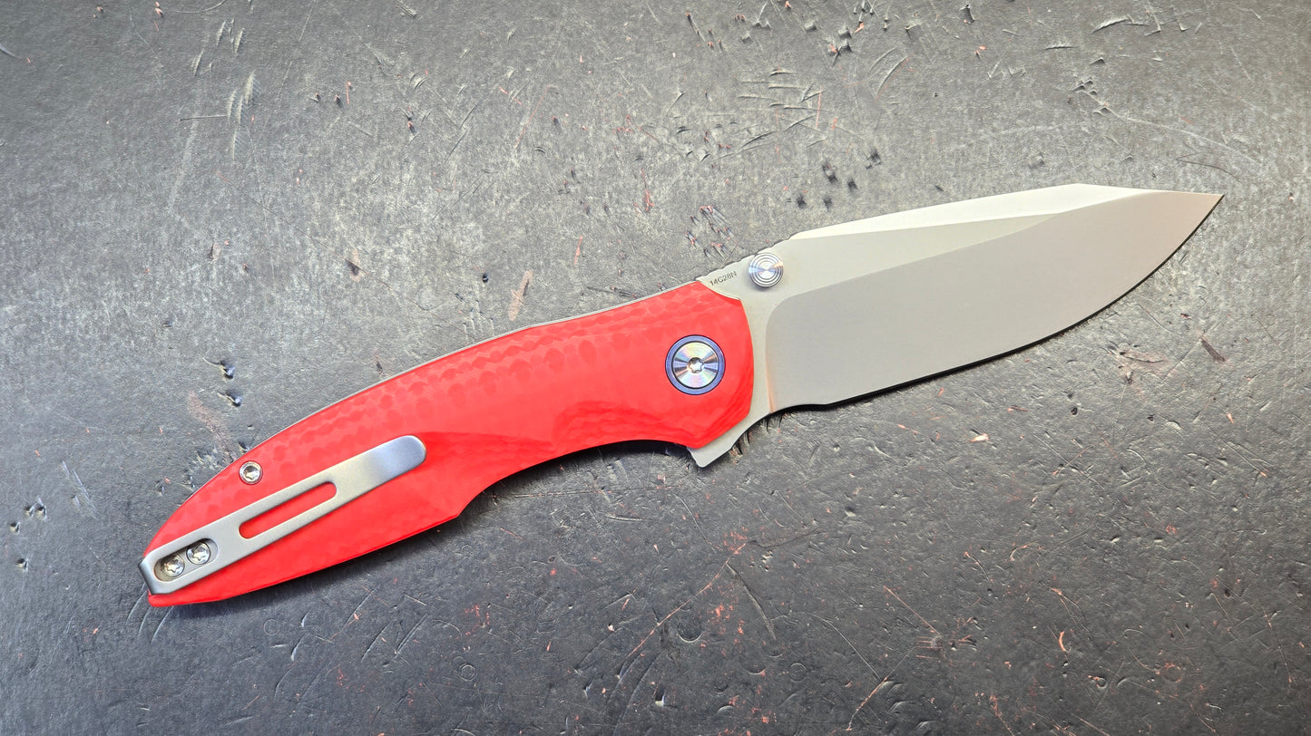 Remette Cool Whale Red G10 Handle 14C28N Black or Satin Blade