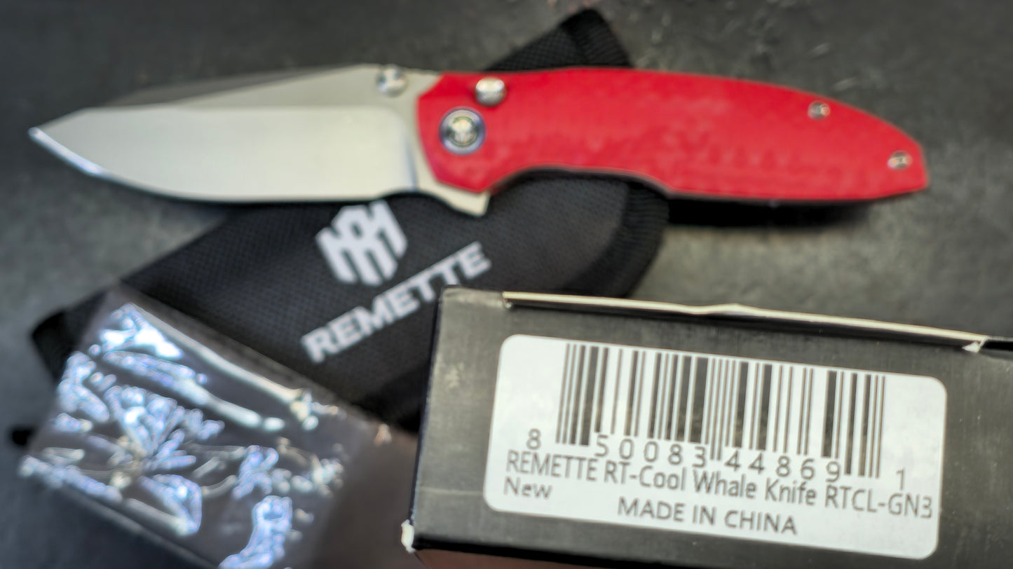 Remette Cool Whale Red G10 Handle 14C28N Black or Satin Blade