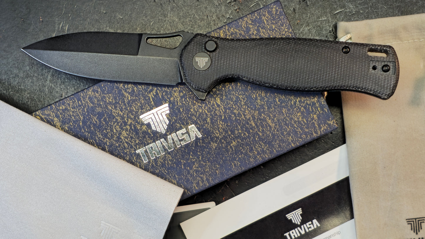 Trivisa Crateris-04B Button Lock Black Micarta Handle 14C28N Blade