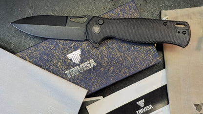 Trivisa Crateris-04B Button Lock Black Micarta Handle 14C28N Blade