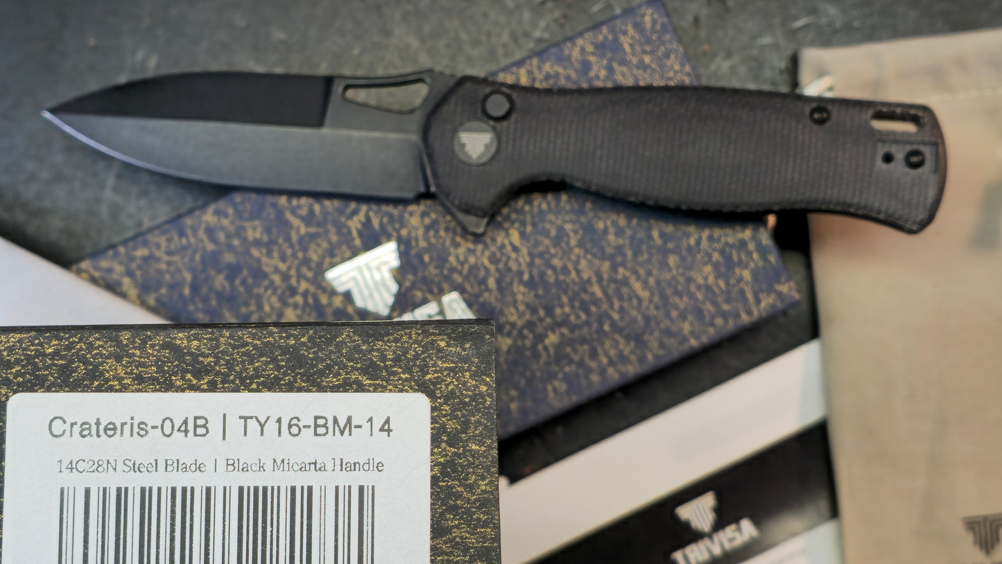 Trivisa Crateris-04B Button Lock Black Micarta Handle 14C28N Blade