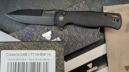 Trivisa Crateris-04B Button Lock Black Micarta Handle 14C28N Blade