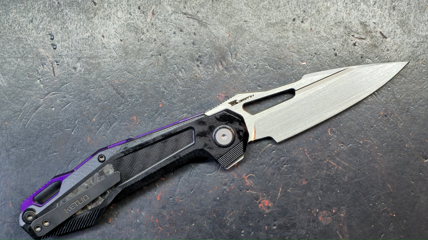 Ketuo Griffin Black G10 w/ Carbon Fiber Handle & Purple Accents 14c28n Blade