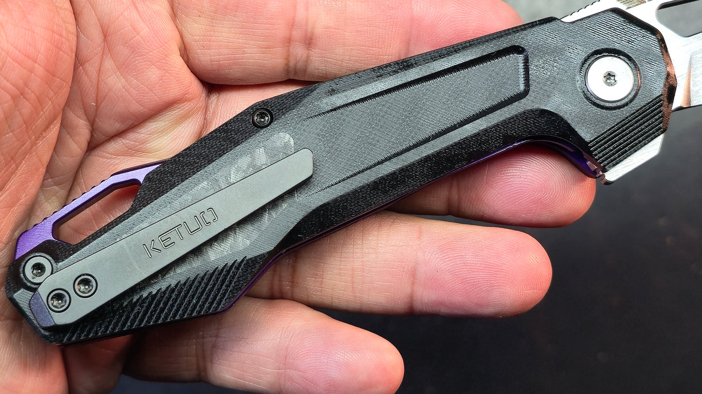 Ketuo Griffin Black G10 w/ Carbon Fiber Handle & Purple Accents 14c28n Blade