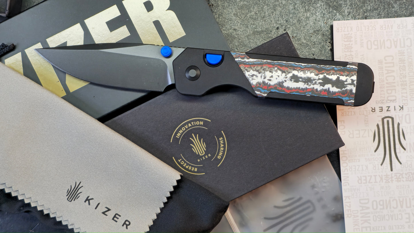 Kizer Militaw 315 Button Liner Lock Aluminum Nebula FatCarbon Handle DLC M390 Blade