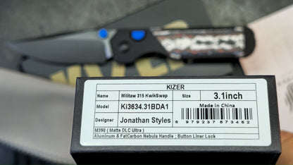 Kizer Militaw 315 Button Liner Lock Aluminum Nebula FatCarbon Handle DLC M390 Blade