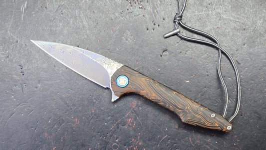 ArtisanCutlery Small Archaeo Double Detent Slipjoint Orange/Black G10 VG-10 Raindrop Damascus Blade,