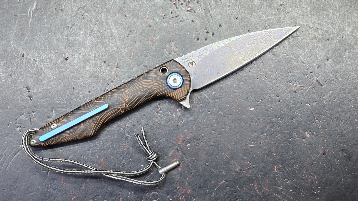ArtisanCutlery Small Archaeo Double Detent Slipjoint Orange/Black G10 VG-10 Raindrop Damascus Blade,
