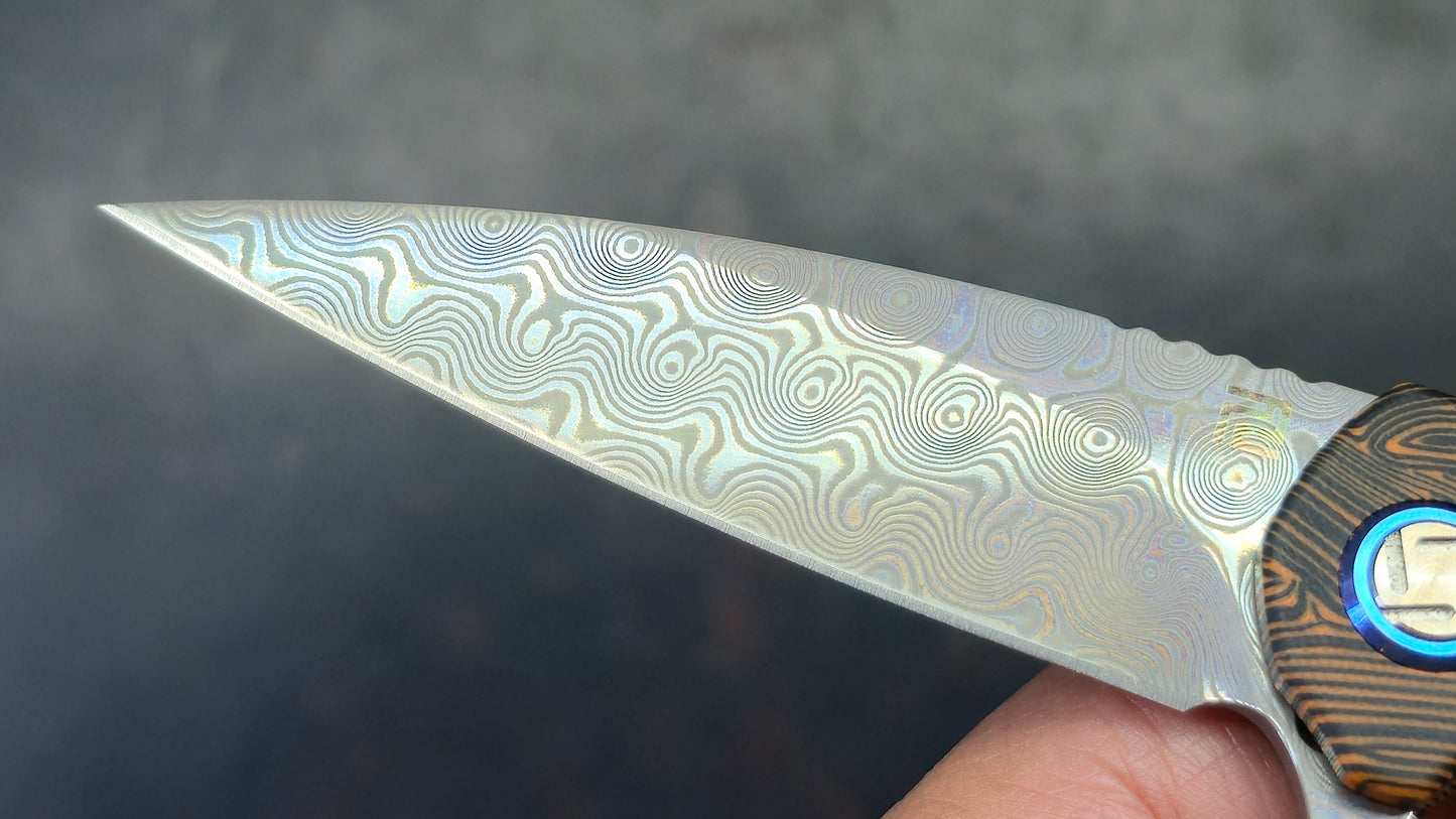 ArtisanCutlery Small Archaeo Double Detent Slipjoint Orange/Black G10 VG-10 Raindrop Damascus Blade,