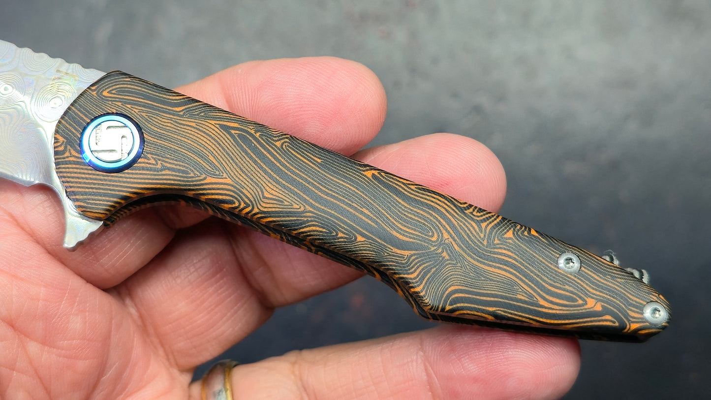 ArtisanCutlery Small Archaeo Double Detent Slipjoint Orange/Black G10 VG-10 Raindrop Damascus Blade,