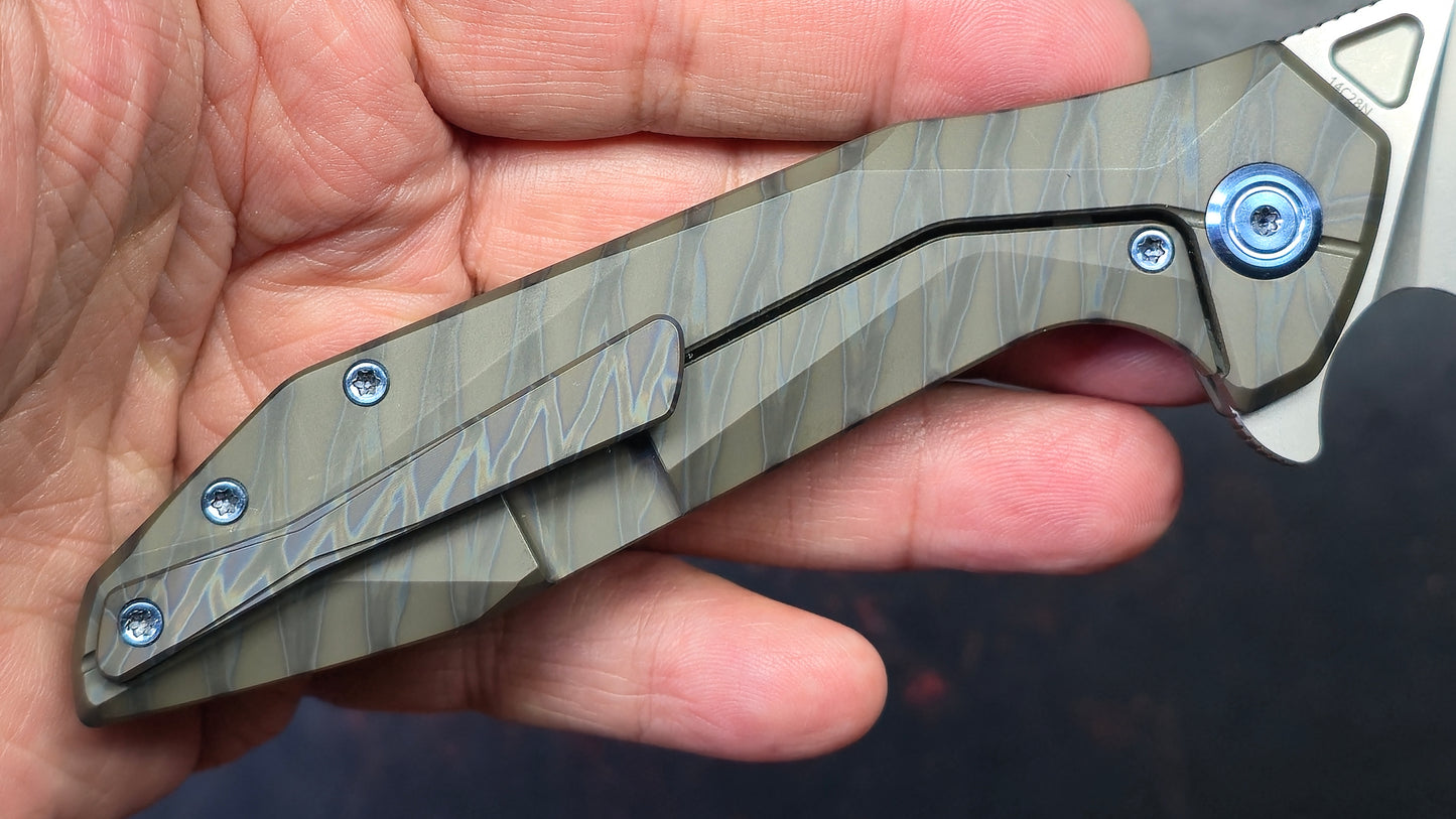 Kubey Nova Folding Knife Black Flame Titanium Handle 14C28N