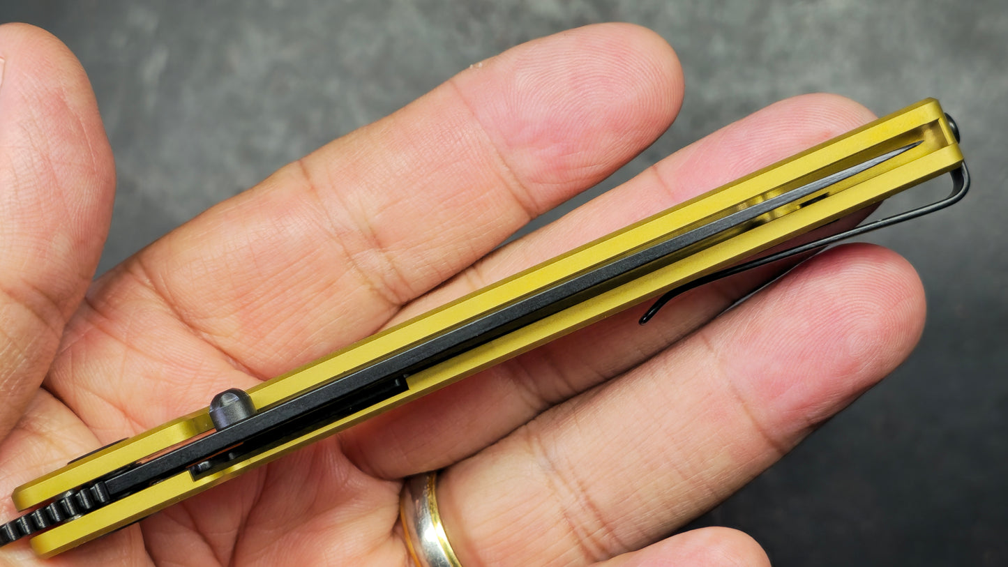 CJRB Lanky Gold Titanium Handle S90V Wharncliffe Black PVD Finish Blade