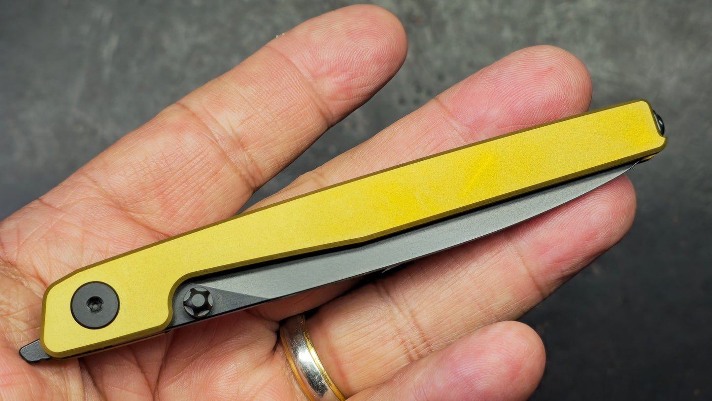 CJRB Lanky Gold Titanium Handle S90V Wharncliffe Black PVD Finish Blade
