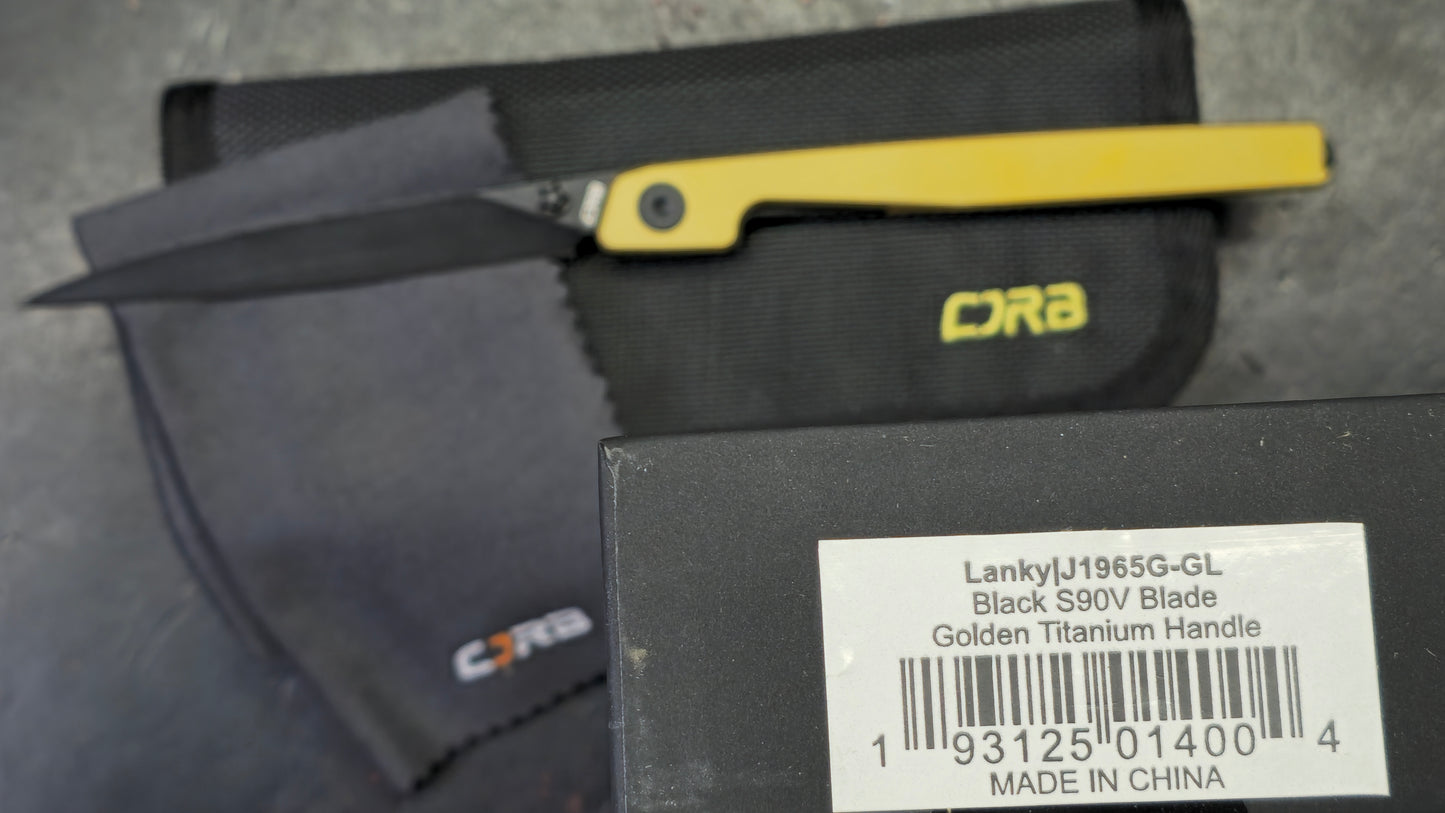 CJRB Lanky Gold Titanium Handle S90V Wharncliffe Black PVD Finish Blade