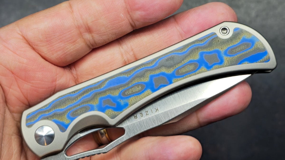 Kizer Allure Silver/Blue Titanium/Vortex Micarta Handle S45VN Satin Blade
