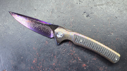 TWOSUN TS81 Titanium Carbon Fiber Handle Feather Damascus Blade