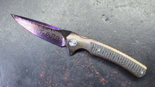 TWOSUN TS81 Titanium Carbon Fiber Handle Feather Damascus Blade