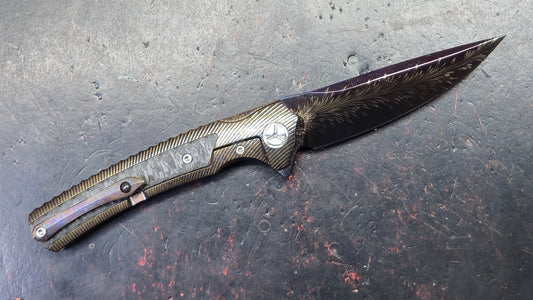 TWOSUN TS81 Titanium Carbon Fiber Handle Feather Damascus Blade