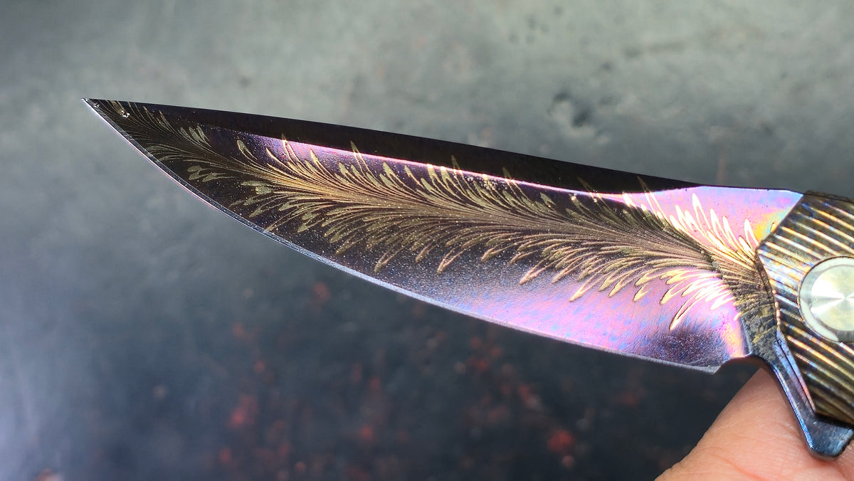 TWOSUN TS81 Titanium Carbon Fiber Handle Feather Damascus Blade