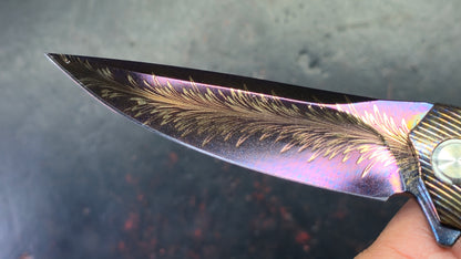 TWOSUN TS81 Titanium Carbon Fiber Handle Feather Damascus Blade