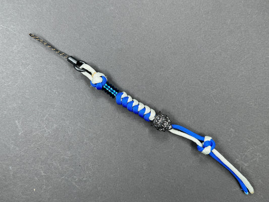 Custom Knife Lanyard – Blue & White Paracord with Intricate Tiger Bead
