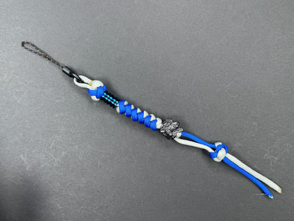 Custom Knife Lanyard – Blue & White Paracord with Intricate Tiger Bead