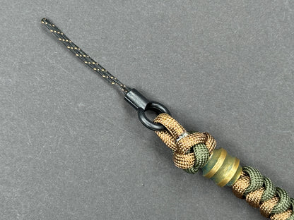Custom Knife Lanyard – Brown & Green Paracord with Intricate Warrior Helmet Bead