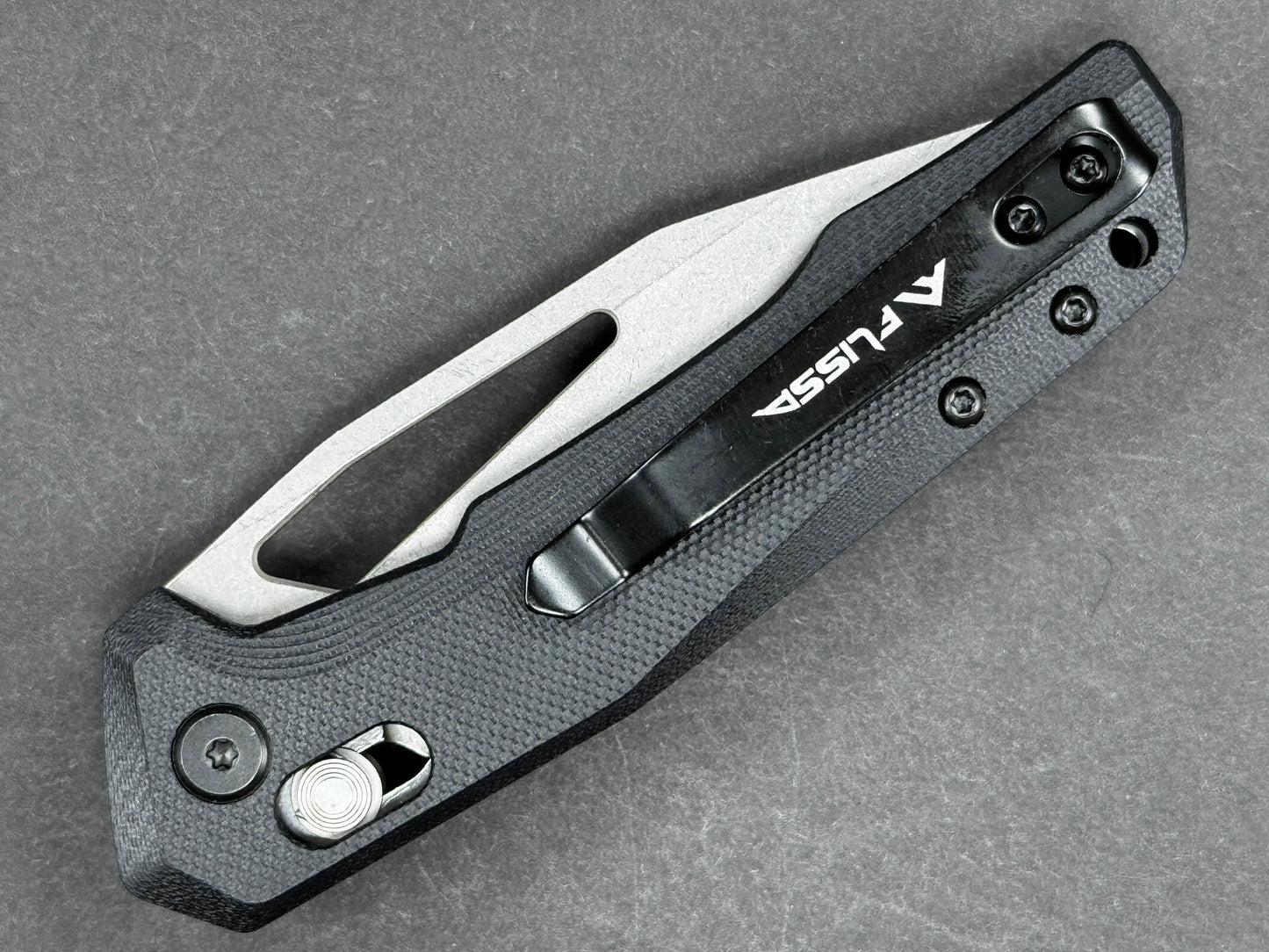 FLISSA F014042A Folding, Cross Lock Lock , 7CR17MOV, Stonewash, Spear Point, Plain Edge, Flat Grind, Handle: Aluminum /Black, (NEW - OPEN BOX)