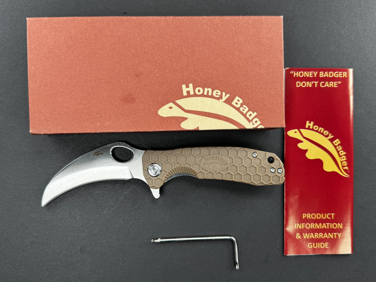 HONEY BADGER Claw Medium (HB1122), Folding, Liner Lock , 8Cr13MoV, Satin, Hawksbill, Plain Edge, Flat Grind, Handle: FRN/Tan, (NEW - OPEN BOX)