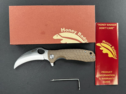 HONEY BADGER Claw Medium (HB1122), Folding, Liner Lock , 8Cr13MoV, Satin, Hawksbill, Plain Edge, Flat Grind, Handle: FRN/Tan, (NEW - OPEN BOX)