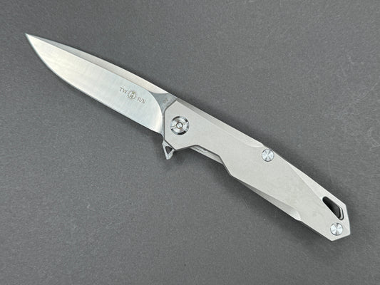 TWOSUN TS21 Folding, Frame Lock, D2, Satin, Drop Point, Plain Edge, Full Grind, Handle: Titanium/Gray, (NEW - OPEN BOX)
