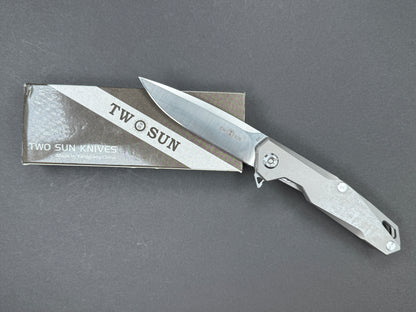 TWOSUN TS21 Folding, Frame Lock, D2, Satin, Drop Point, Plain Edge, Full Grind, Handle: Titanium/Gray, (NEW - OPEN BOX)