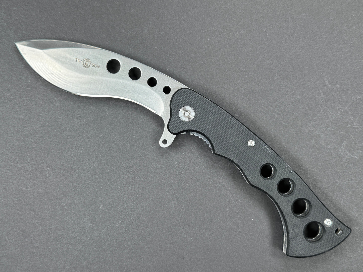 TWOSUN TS23 (Wave Survival Bowie ) Folding, Liner Lock, 420J-2, Satin, Nessmuk, Plain Edge, Flat Grind, Handle: G10/Black, (USED)